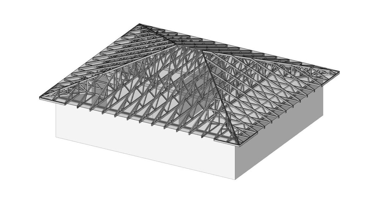 3D model valbového väzníkového krovu rodinného domu